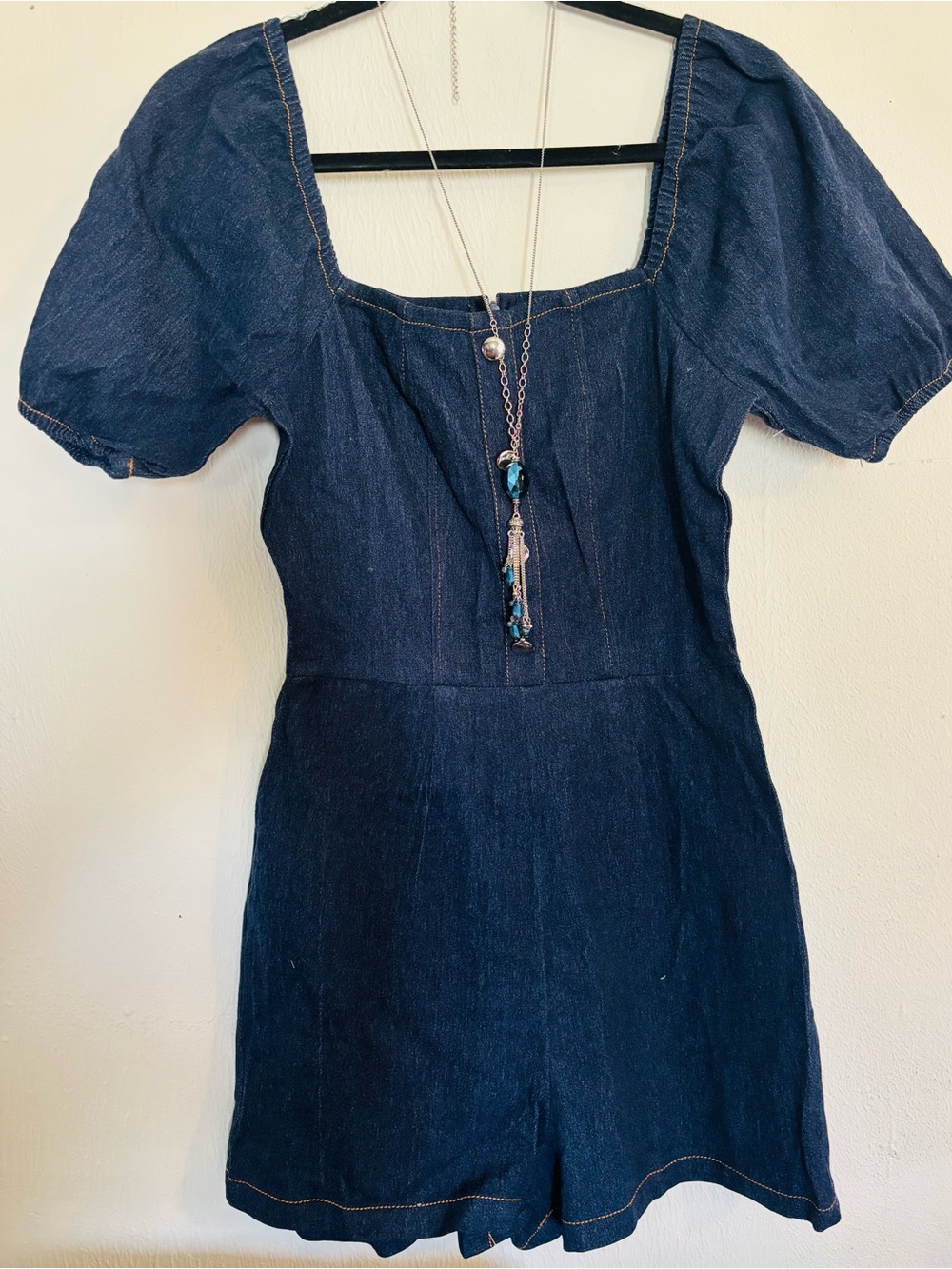 Dark Blue Denim Puff-Sleeve Romper Dress